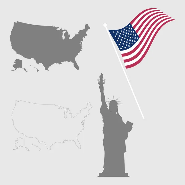 ABD sembolleri ayarlandı. Harita taslağı, bayrak, özgürlük heykeli. Vektör çizimi. Tasarım için elementler. — Stok Vektör
