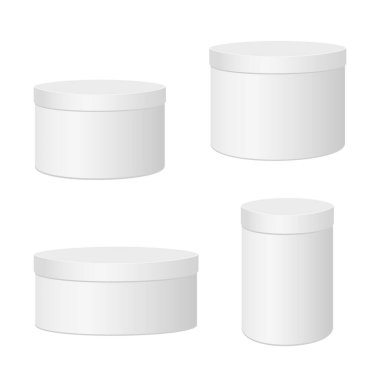 Beyaz arka planda izole edilmiş karton yuvarlak hediye kutuları. Farklı boyutlarda. Vektör çizimi. Tasarım şablonları.