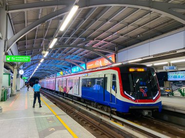 Bangkok Thailand 30 Oct 2020: A train waiting passengers at the Bearing station in Bangkok, Thailand. Each train of the mass transport rail network can carry over 1,000 passengers.	