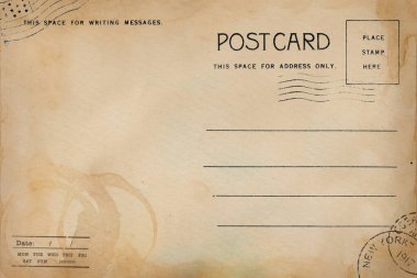 Kirli lekeli eski kartpostal şablonunun arkası