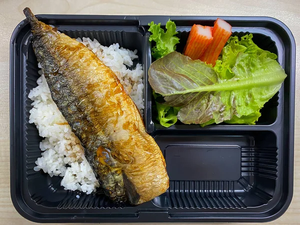 Ψάρι Σάμπα Ψημένο Σάλτσα Τεριγιάκι Μπωλ Ρυζιού Στο Πλαστικό Δοχείο — Φωτογραφία Αρχείου