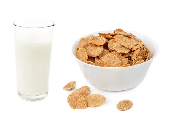 Cornflake-Müsli in Schüssel und Glas Milch — Stockfoto