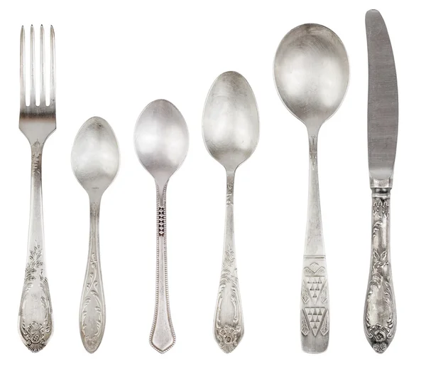 Envejecido tenedor de plata vintage, cuchillo, cucharas — Foto de Stock