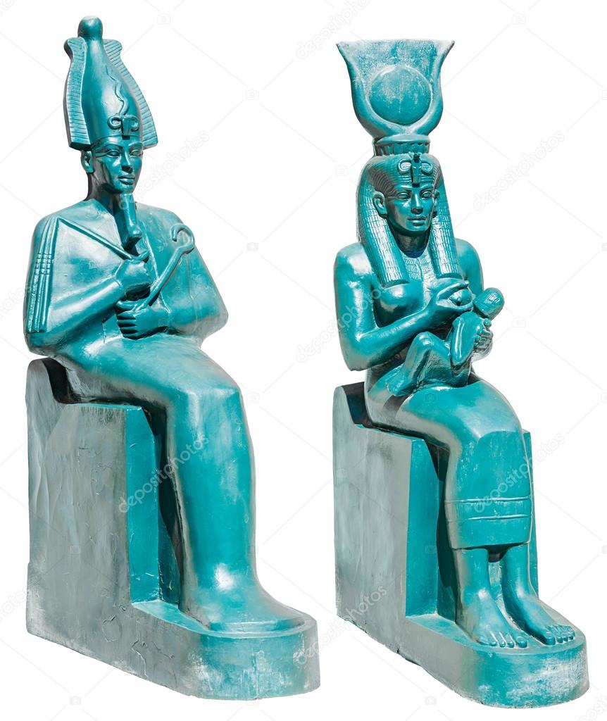 Statue of ancient egypt deities Osiris and Isis with Horus isola