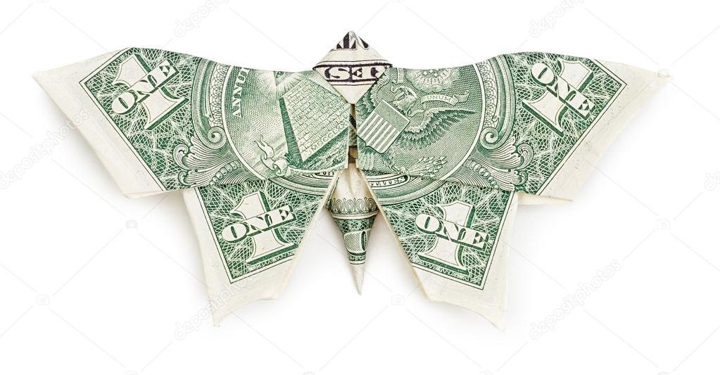Dollar origami butterfly isolated on white background