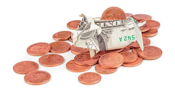 Dollar origami piggy bank on coins isolated — Stock Photo, Image