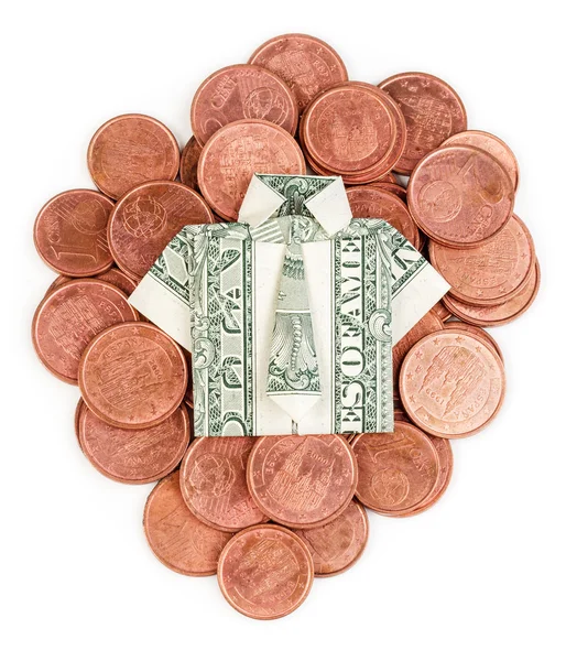 Dollaro origami camicia e cravatta su monete isolate — Foto Stock