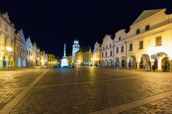 TREBON, CZECH REPUBLIC, 10-September-2020. Night photo. This is a historical town in South Bohemian Region. Trebon city is famous tourist destination with many landmarks and lakes around.