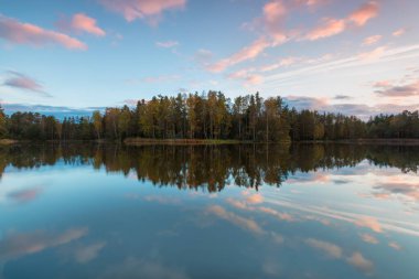 Sonbahar manzarasında kırsal gölet suyu. Renkli ormanın arka planında güzel bir göl. Tatil için romantik bir yer. Romantik yansıma. Güneşli bir gün