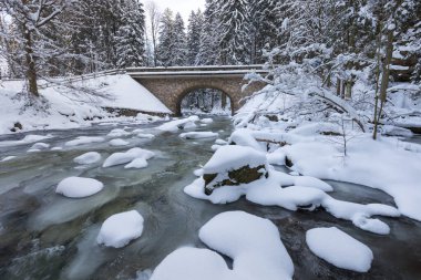 Wild river in winter with old stone bridge at Zemska Brana nature reserve, Orlicke hory, Eagle mountains, Eastern Bohemia Czech republic. Beautiful frosty day. Snowy weather in mountain. Popular place