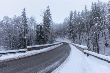 Kışın taştan köprüsü olan vahşi bir nehir. Güzel soğuk bir gün. Dağda karlı bir hava var. En popüler yer. Alpler dağları.