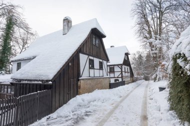 A half-timbered buildings, walls are built using the half-timbering technique. Typical for northern and western Bohemia and Germany. Monument-protected houses, Lemberk, Czech Republic