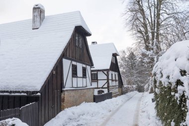 A half-timbered buildings, walls are built using the half-timbering technique. Typical for northern and western Bohemia and Germany. Monument-protected houses, Lemberk, Czech Republic
