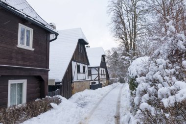 A half-timbered buildings, walls are built using the half-timbering technique. Typical for northern and western Bohemia and Germany. Monument-protected houses, Lemberk, Czech Republic
