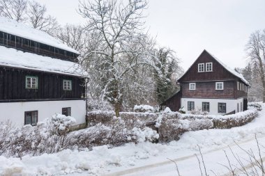 A half-timbered buildings, walls are built using the half-timbering technique. Typical for northern and western Bohemia and Germany. Monument-protected houses, Lemberk, Czech Republic