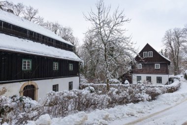 A half-timbered buildings, walls are built using the half-timbering technique. Typical for northern and western Bohemia and Germany. Monument-protected houses, Lemberk, Czech Republic