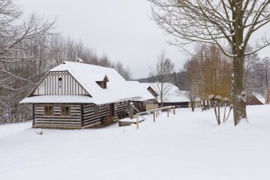 VESELY KOPEC, CZECH REUBLIC - 30 Ocak 2020: Vesely Kopec halkının ahşap evleri açık hava müzesi. Çek kırsal mimarisi. Vysocina, Çek Cumhuriyeti. Kışın geleneksel ahşap kulübe.