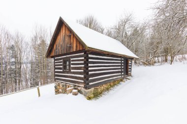 VESELY KOPEC, CZECH REUBLIC - 30 Ocak 2020: Vesely Kopec halkının ahşap evi açık hava müzesi. Çek kırsal mimarisi. Vysocina, Çek Cumhuriyeti. Kışın geleneksel ahşap kulübe.