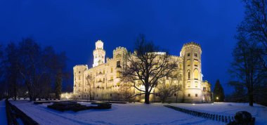 Ünlü Çek şatosu Hluboka nad Vltavou 'nun kış manzarası, güzel bir parka sahip ortaçağ binası, açık hava Avrupa geçmişi. Gece fotoğrafı.