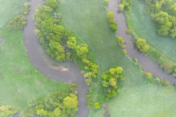 Yeşil Tarlalar Ormanlar Arasında Kıvrılan Bir Nehrin Vadisinin Delta Tepesindeki — Stok fotoğraf