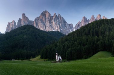 Beautiful summer mountain scenery. Splendid sunrise in Dolomites mountains. Panoramic summer view, Dolomiti Alps, South Tyrol, Italy, Europe. Traveling concept background. Sunny holiday.