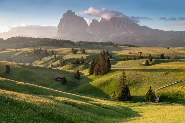 Superb Morning Scene Compaccio Village Seiser Alm Alpe Siusi Location — Stok fotoğraf