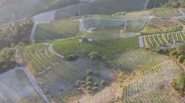 Dramatic sunset over the agricultural landscape Aerial shot, countryside landscape during summer or spring time. Fields and meadows in Moravia, Czech republic. Sunset time