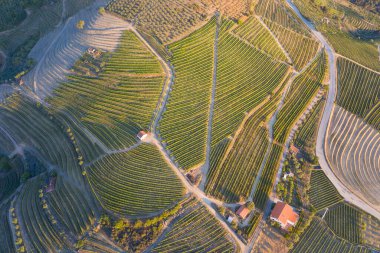 Dramatic sunset over the agricultural landscape Aerial shot, countryside landscape during summer or spring time. Fields and meadows in Moravia, Czech republic. Sunset time