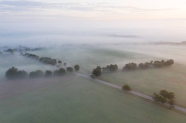 Tarlaların yanında bir köy yolu olan tarlaların havadan görünüşü. Fotoğraf Avrupa 'da çekildi. Yeşil tarlaları ve gün batımında kırsal arazileri olan güzel, evrensel bir kırsal alan.