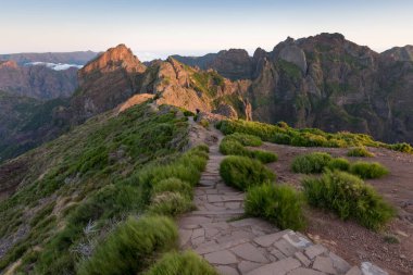 Gün batımında Adrıspanak kayaları. Adrspach Teplice 'deki kayalık oluşumlar, uçurumlar ve ağaçlardaki patika izlerinin yukarıdan görünüşü milli parkı sarsıyor. Adrspach, Bohemya, Çek Cumhuriyeti, Çek Dağları manzarası.