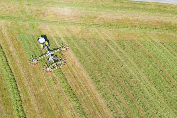 Nahaufnahme Eines Traktors Der Gemähtes Gras Zum Trocknen Für Heu — Stockfoto