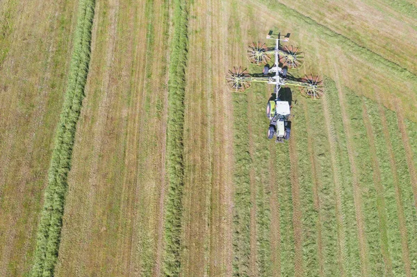 Nahaufnahme Eines Traktors Der Gemähtes Gras Zum Trocknen Für Heu — Stockfoto