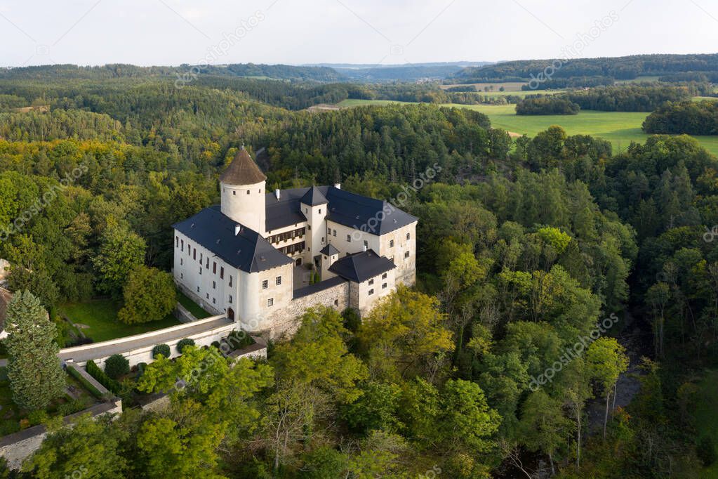 Rychmburk Castle is located near the village of Pedhrad in the district of Chrudim and the Pardubice Region, 5 km east of Skute town. Czech republic, Europe. Aerial view.