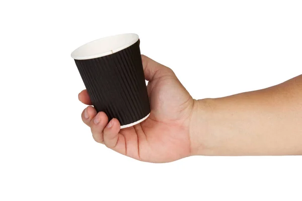 Hand Holding Dark Brown Disposable Paper Coffee Cups Isolated White — Stock Photo, Image