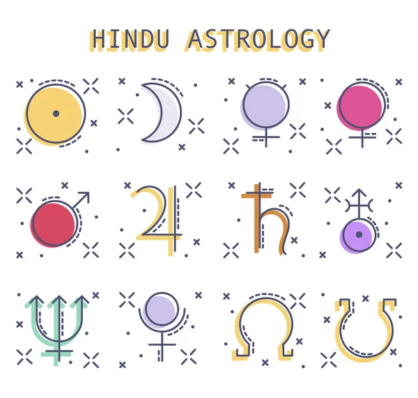 Juotisha astrolojisindeki gezegenin ikonu. Beyaz arkaplanda izole edilmiş renkli logo elemanı, vektör illüstrasyonu. Mars, Venüs, Merkür, Ay, Güneş, Jüpiter, Satürn, Plüton, Uranüs, Neptün, Rahy ve