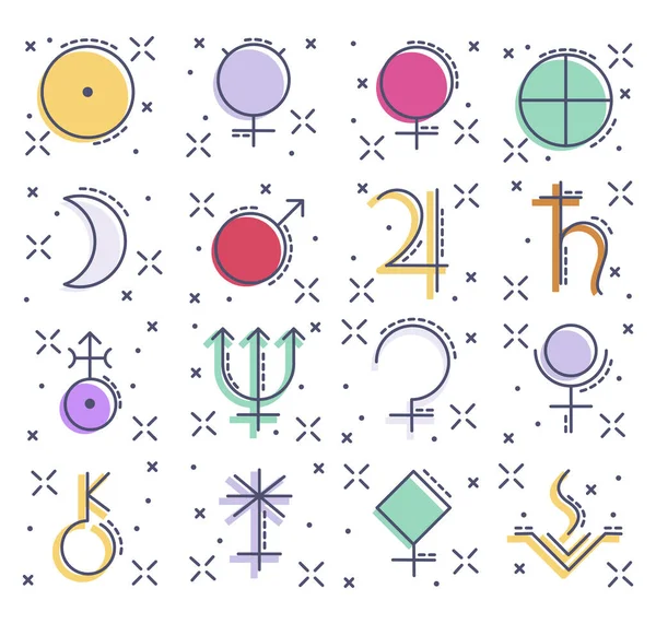 Ícone de cor de linha do planeta em astrologia. Ilustração vetorial com sinal Marte, Vênus, Mercúrio, Lua, Sol, Júpiter, Saturno, Plutão, Urano, Netuno, Vesta, Palas, Juno, Quíron, Ceres. — Vetor de Stock