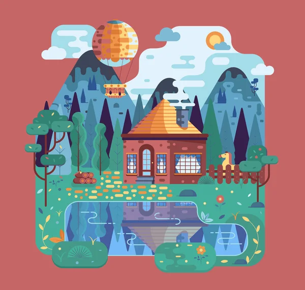 Деревянный дом, загоны и закуски, еловые леса, горы, озеро и воздушный шар - Мультфильм векторная иллюстрация в плоском стиле. — стоковый вектор