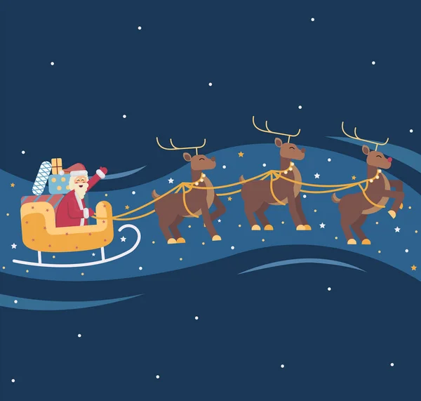 Sleigh com Papai Noel, Presentes e Renas na Noite de Natal. Desenho plano ilustração vetorial. Férias de inverno, Natal e celebração de Ano Novo — Vetor de Stock