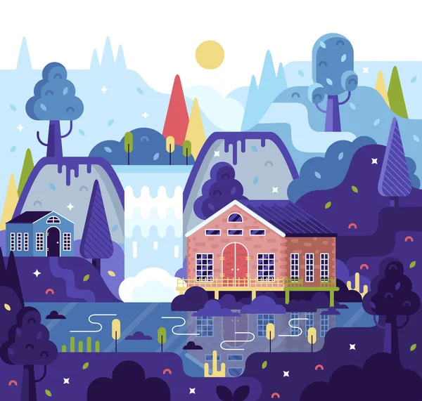 Vector cartoon illustration in flat cartoon stile, suburban family home, mountains, waterfall, trees. House on stilts stands on the lake. — Stock Illustration Vector cartoon illustration in flat cartoon stile, suburban family home, mountains, waterfall, trees. House on stilts stands on the lake. Royalty Free Stock Illustrations