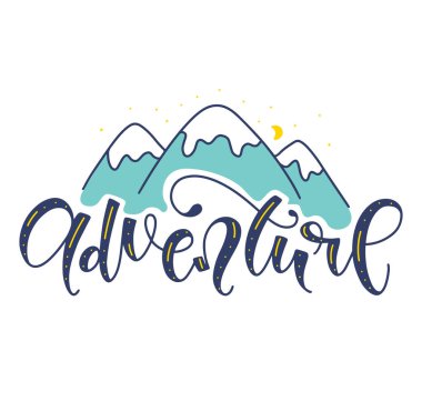 Macera - Karalama dağlarıyla el çizimi harf, renkli vektör çizimi