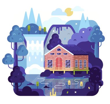 Göl kıyısında, şelalede ve düz çizgi filmdeki dağlarda beyaz arka planda izole edilmiş vektör karikatür çizim evi..