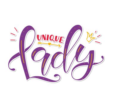 Eşsiz bayan - vektör çizimi beyaz arkaplanda izole edilmiş, kırmızı ve mor renkli harfler.