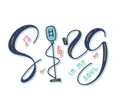 Ruhumdaki şarkı - beyaz arka planda izole edilmiş renkli vektör çizimi, karalama mikrofonlu harfler