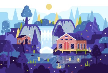 Düz çizgi film stilinde vektör karikatür çizimi - Şelalenin yanındaki sazlıklarda köy evi.