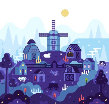 Düz çizgi filmdeki vektör kare çizimi - köy manzarası, çiftlik evleri, değirmen, ahır ve inek