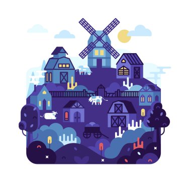 Evleri, ahırı ve tepesinde bir değirmeni olan bir köy - vektör çizgi film düz illüstrasyon.