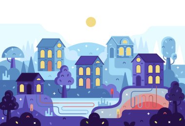 Düz çizgi filmdeki vektör karikatür 2d illüstrasyon - Jeotermal enerjili eko köy panoraması 