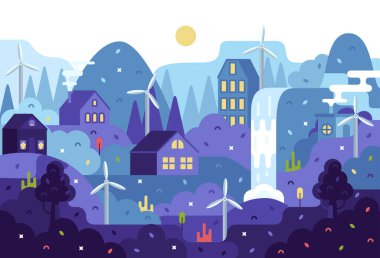 Çizgi filmdeki vektör karikatür çizimi düz çizgi film stili - elektrik santrali köy evlerine elektrik sağlıyor