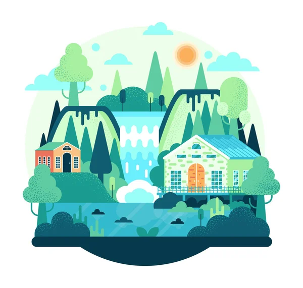 Çizgi film çizimi çimenler, ağaç, gökyüzü, bulutlar, şelale, zemin ve ev - ilkbahar ve yaz manzaraları.