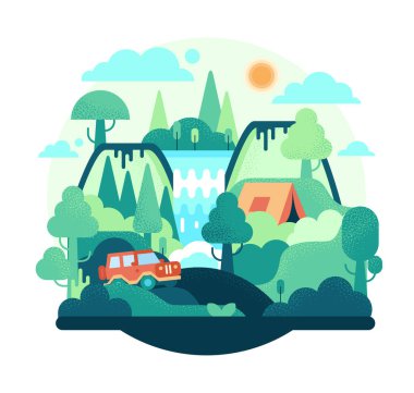 Çadırlı, arabalı, dağlı, ormanlı ve şelaleli karikatür çizimleri - Yaz kampı, doğa turizmi, kamp veya yürüyüş tasarımı konsepti.